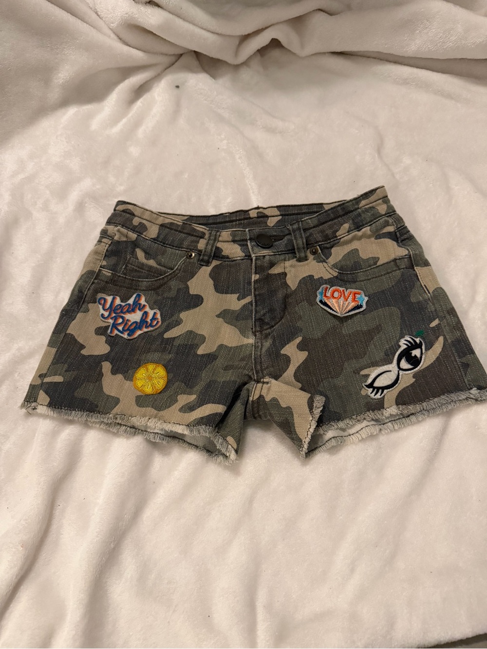 Camo Patch High-Rise Denim Shorts - Green